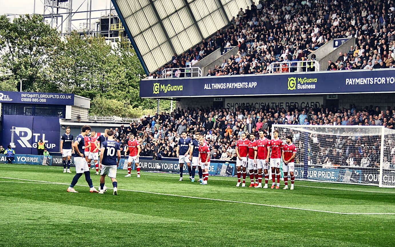 Wrexham line up a wall for a free kick at Millwall, August 2025