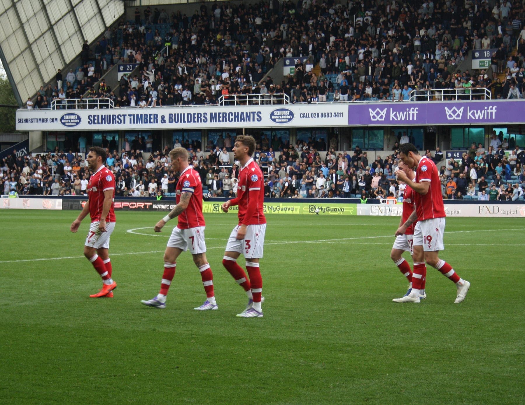 Wrexham players walking out for the second half at Millwall, August 2025